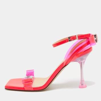 Pre Owned Mach & Mach Neon Pink PVC and Patent Leather French Bow Sandals Size 38