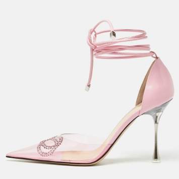 Pre Owned Mach & Mach Pink Leather and PVC Crystal Bow Ankle Strap Pumps Size 39.5