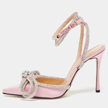 Pre Owned Mach & Mach Pink Satin Crystal Embellished Double Bow Pumps Size 37