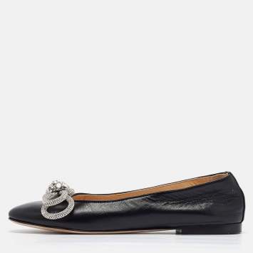 Pre Owned Mach & Mach Black Leather Double Bow Crystal Embellished Ballet Flats Size 40