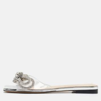 Pre Owned Mach & Mach Transparent PVC Crystal Embellished Double Bow Flat Slides Size 37