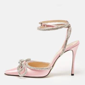 Pre Owned Mach & Mach Pink Satin Crystal Embellished Double Bow Pumps Size 40