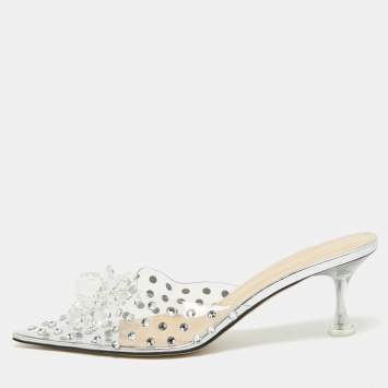 Pre Owned Mach & Mach Transparent PVC Crystal Embellished Mules Size 38.5