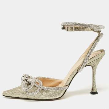 Pre Owned Mach & Mach Gold Glitter Crystal Embellished Double Bow Pumps Size 37.5