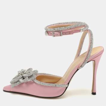 Pre Owned Mach & Mach Pink Satin Crystal Embellished Double Bow Pumps Size 37