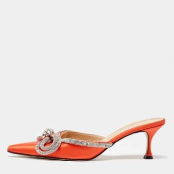 Pre Owned Mach & Mach Orange Satin Crystal Embellished Double Bow Mules Size 40