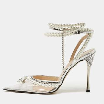 Pre Owned Mach & Mach Transparent PVC Faux Pearl Crystal Embellished Ankle Wrap Pumps Size 37