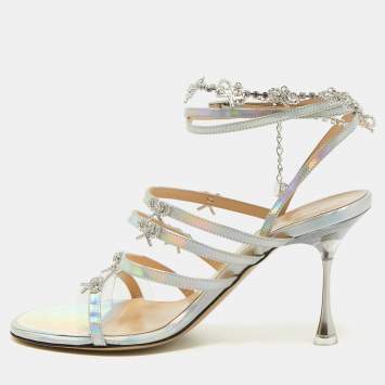 Pre Owned Mach & Mach Silver Iridescent Leather Crystal Bow Camille Sandals Size 37