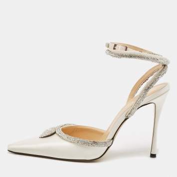 Pre Owned Mach & Mach Cream Satin Crystal Embellished Heart Pumps Size 39