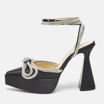 Pre Owned Mach & Mach Black Satin Crystal Embellished Double Bow Platform Pumps Size 37.5