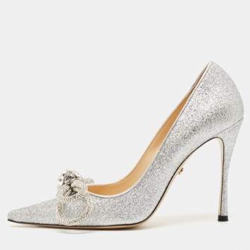 Pre Owned Mach & Mach Silver Glitter Crystal Double Bow Pumps Size 37.5