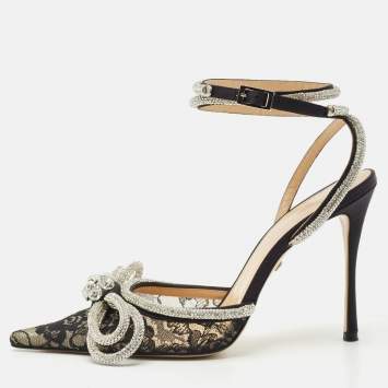 Mach & Mach Black Satin Double Bow Crystal Embellished Ankle Strap Pumps Size 39