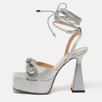 Pre Owned Mach & Mach Silver Leather Double Bow Platform Block Heel Ankle Strap Sandals Size 38