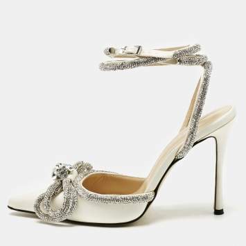 Mach & Mach White Satin Double Bow Crystal Embellished Pumps Size 37