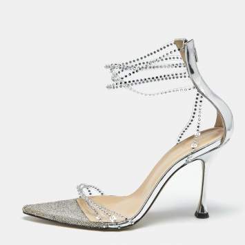 Mach & Mach Silver Leather and PVC Crystal Embellished Ankle Strap Sandals Size 39.5