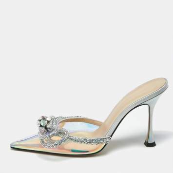 Mach & Mach Iridescent PVC Crystal Embellished Double Bow Mules Size 37