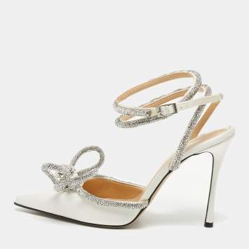 Pre Owned Mach & Mach White Satin Double Bow Crystal Embellished Pumps Size 38