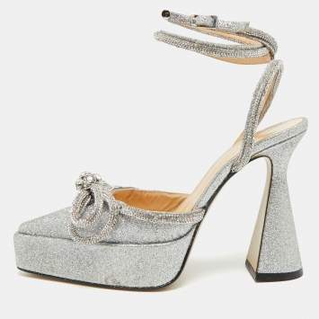 Pre Owned Mach & Mach Silver Glitter Double Bow Platform Pumps Size 37