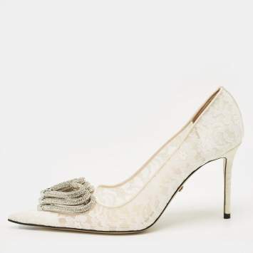 Pre Owned Mach & Mach White Mesh and Satin Triple Heart Pumps Size 39