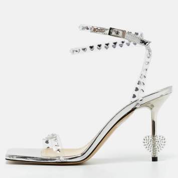 Pre Owned Mach & Mach Transparent PVC Heart Crystal Slingback Sandals Size 38.5