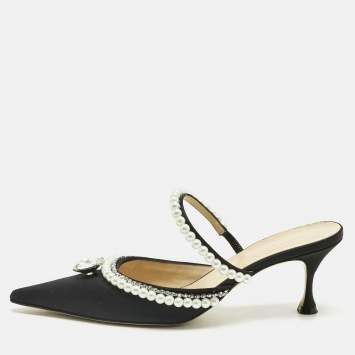 Pre Owned Mach & Mach Black Satin Bow Crystal Embellished Slide Sandals Size 40