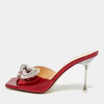 Pre Owned Mach & Mach Double Bow Crystal  Red Patent Leather Slide Sandals Size 40.5