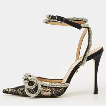 مملوكة مسبقًا Mach & Mach Double Bow Size 38 Black Lace Crystal Embellished Ankle Wrap Pumps