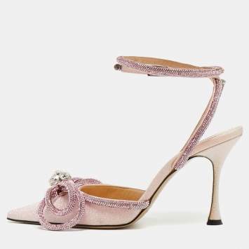 مملوكة مسبقًا Mach & Mach Double Bow Size 38 Pink Glitter Ankle Strap Pumps
