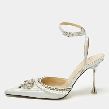 مملوكة مسبقًا Mach & Mach Size 36 Iridescent Leather Bow Of Elizabeth Imitation Pearl Ankle Strap Pumps