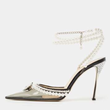 Pre Owned Mach & Mach Black PVC And Patent Leather Diamond of Elizabeth Imitation Pearl Sandals Size 39.5