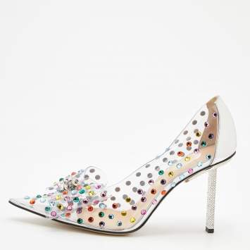 Pre Owned Mach & Mach Silver Leather and PVC Crystal Embellished Bow Pumps Size 40