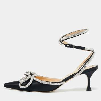 Pre Owned Mach & Mach Black Satin Double Bow Crystal Embellished Pumps Size 41.5 