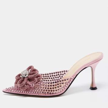 Pre Owned Mach & Mach Pink PVC and Satin Crystal Flower Pointed Toe Carrie Mules Size 37.5