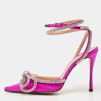 Pre Owned Mach & Mach Magenta Satin Double Bow Crystal Embellished Ankle Wrap Pumps Size 37