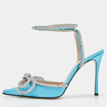 Pre Owned Mach & Mach Blue Satin Crystal Bow Ankle Wrap Pumps Size 38.5