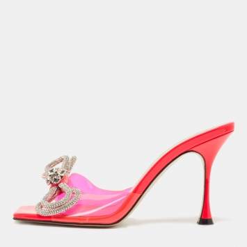 Pre Owned Mach & Mach Pink PVC Crystal Embellished Bow Slide Sandals Size 40