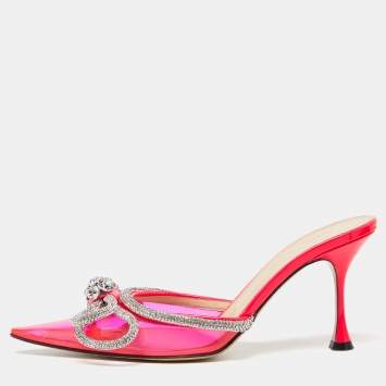 Pre Owned Mach & Mach Pink PVC Crystal Embellished Double Bow Mules Size 39