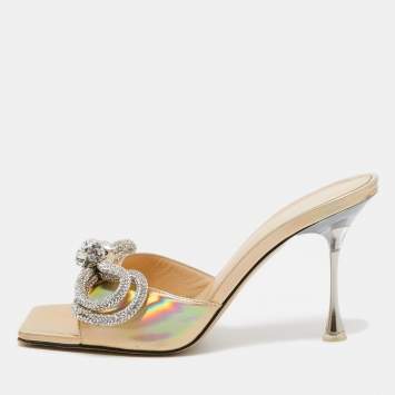 Pre Owned Mach & Mach Iridescent Leather Crystal Embellished Slide Sandals Size 37.5