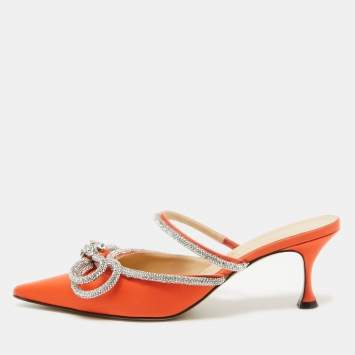 Pre Owned Mach & Mach Orange Satin Crystal Embellished Double Bow Mules Size 40