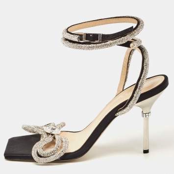 Pre Owned Mach & Mach Black Satin Crystal Embellished Double Bow Ankle Wrap Sandals Size 38.5