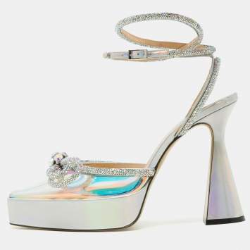 Pre Owned Mach & Mach Multicolor PVC Crystal Embellished Double Bow Platform Ankle Strap Pumps Size 41