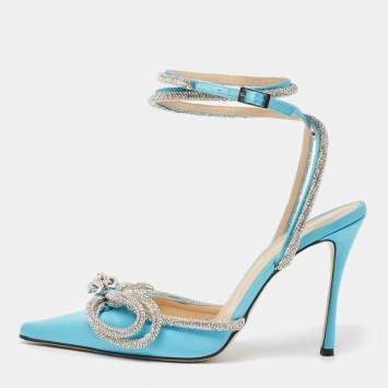 Pre Owned Mach & Mach Blue Satin Crystal Embellished Double Bow Pumps Size 39