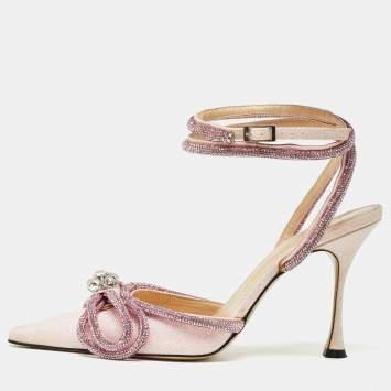 Pre Owned Mach & Mach Pink Glitter Double Bow Ankle Wrap Pumps Size 40