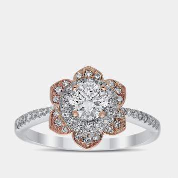 Pre Owned 14K Rg/Wg 0.80Ctw Round Cut White Flower Bridal Ring EU 48