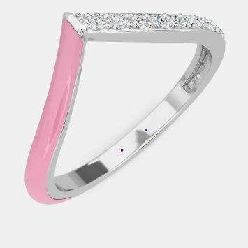 Pre Owned Light Pink Ceramic Chevron Style Sterling Silver Lab Grown Diamond Ring US 7