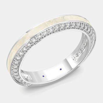 مملوكة مسبقًا Classic Pearl White Ceramic Sterling Silver Lab Grown Diamonds Wedding Band US 7