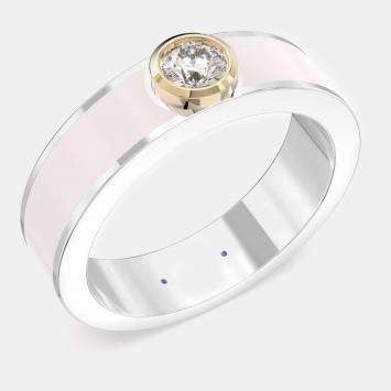 Pre Owned 14K Yellow Gold Classic Light Pink Ceramic Sterling Silver Lab Grown Diamond Round Band US 7
