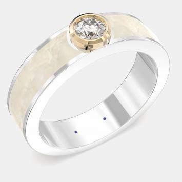 Pre Owned 14K Yellow Gold Classic Pearl White Ceramic Round Sterling Silver Lab Grown Diamond Bezel Set Band US 7