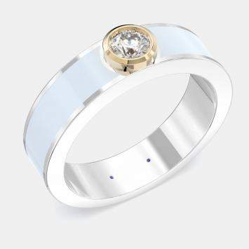 Pre Owned 14K Yellow Gold Classic Light Blue Ceramic Round Sterling Silver Lab Grown Diamond Bezel Set Band US 7