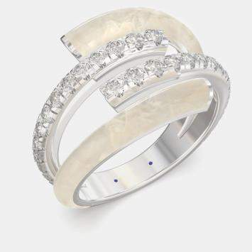 Pre Owned Pearl White Ceramic Sterling Silver Lab Grown Diamond Bypass Single Row Accented Ring US 7